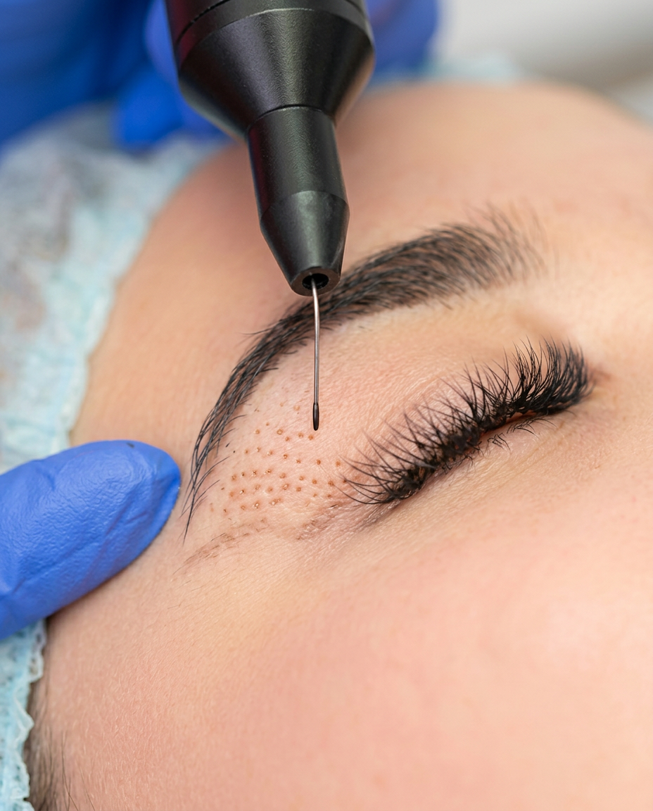 Accor Plasma Pen Behandlung: feine Pen-Elektrode über dem oberen Augenlid bei FlashLine & Beauty in Waidhofen/Ybbs